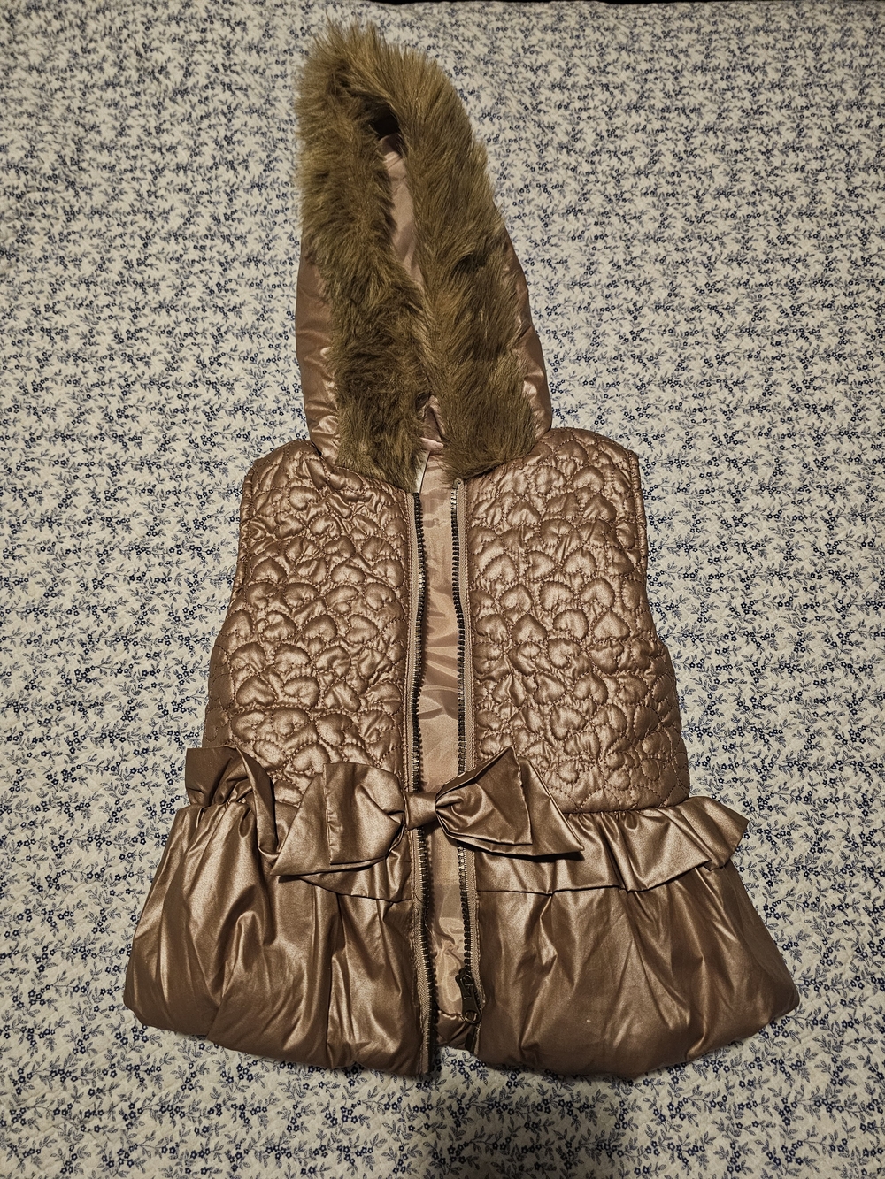 Little Lass Bronze/rose Gold Quilted Hooded Puffer Vest with Faux Fur Trim